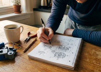 Inventor sketching exploded mechanical diagrams in a notebook at a kitchen table, prototype with wires beside coffee mug, natural light