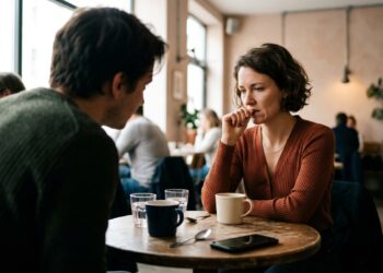 Two people in conversation at a cafe table, one studying the others face for signs of deception