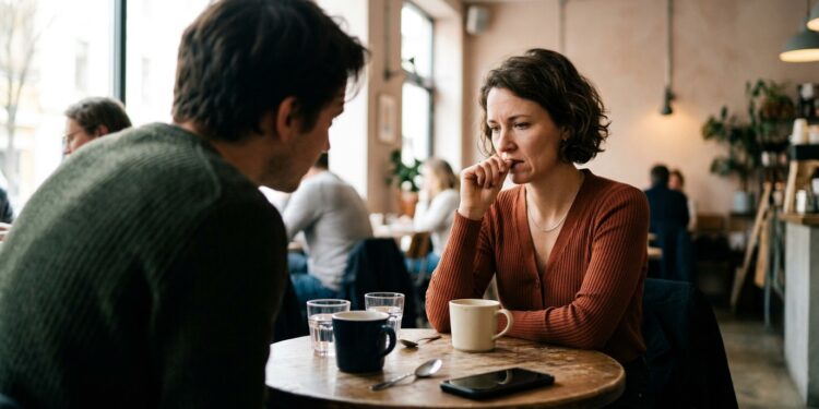 Two people in conversation at a cafe table, one studying the others face for signs of deception