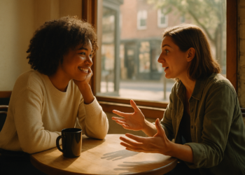 Two people in warm, engaged conversation at a cafe table, leaning in and listening