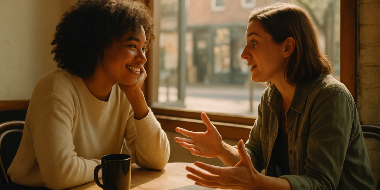 Two people in warm, engaged conversation at a cafe table, leaning in and listening