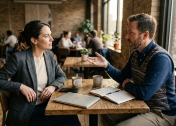 Two professionals shaking hands across a wooden conference table with notebooks and coffee