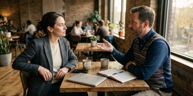 Two professionals shaking hands across a wooden conference table with notebooks and coffee