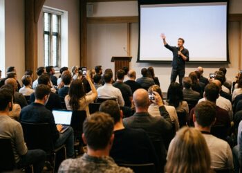 Speaker confidently addressing an engaged audience