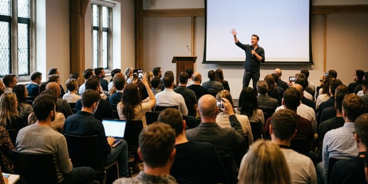 Speaker confidently addressing an engaged audience