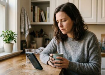 Woman in her early 30s sitting at a kitchen counter looking thoughtfully at her phone, processing something quietly