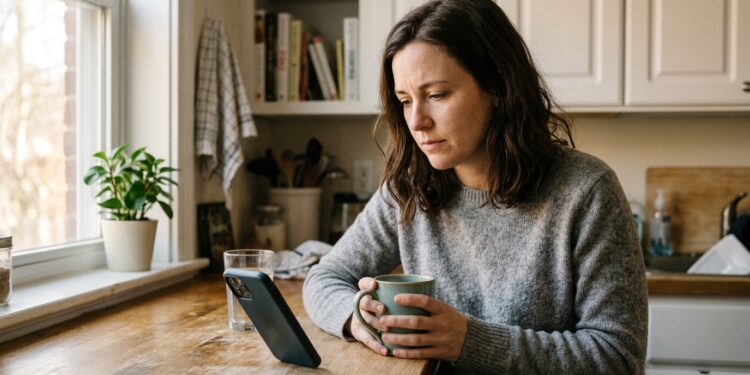 Woman in her early 30s sitting at a kitchen counter looking thoughtfully at her phone, processing something quietly