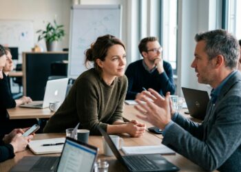 A calm attentive listener anchoring a meeting room, leaning slightly forward fully present