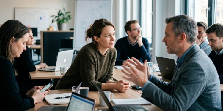 A calm attentive listener anchoring a meeting room, leaning slightly forward fully present