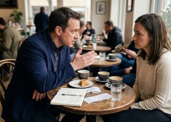 Two people in a tense cafe conversation — visual cue for manipulation tactics