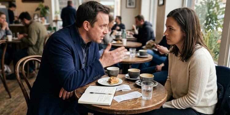 Two people in a tense cafe conversation — visual cue for manipulation tactics