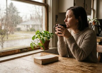 Person sitting alone at a kitchen table holding a mug of coffee, looking thoughtfully out a rain-streaked window in soft afternoon light