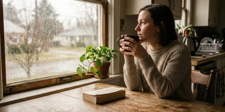 Person sitting alone at a kitchen table holding a mug of coffee, looking thoughtfully out a rain-streaked window in soft afternoon light