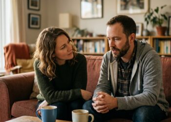 Two people in a warm living room, one listening attentively as the other speaks, illustrating hearing what is not said