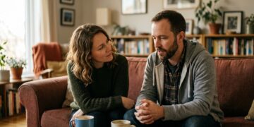 Two people in a warm living room, one listening attentively as the other speaks, illustrating hearing what is not said
