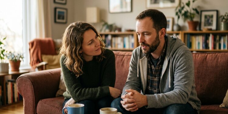 Two people in a warm living room, one listening attentively as the other speaks, illustrating hearing what is not said