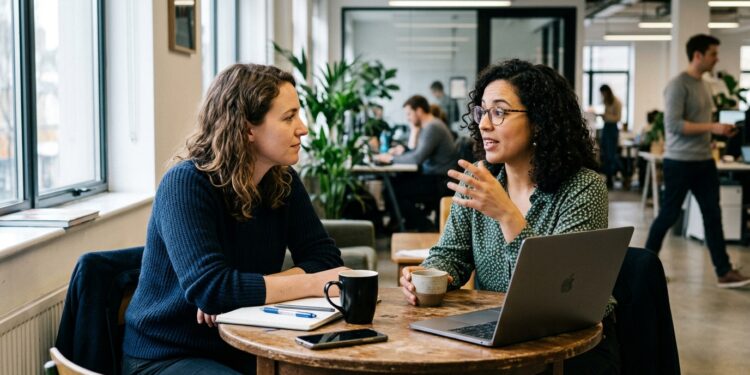 Two people in a focused, candid one-on-one conversation reading each others emotional cues