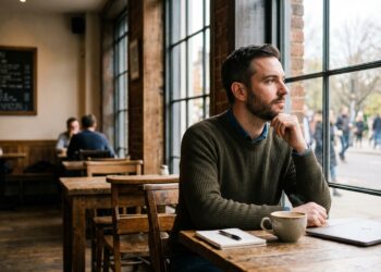 Thoughtful man pausing by a cafe window, reflecting before responding