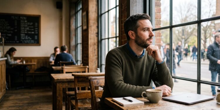 Thoughtful man pausing by a cafe window, reflecting before responding