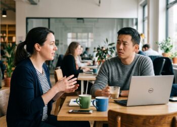 Two colleagues in conversation at a cafe table, one speaking and gesturing while the other listens with an uncertain expression
