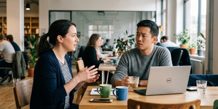 Two colleagues in conversation at a cafe table, one speaking and gesturing while the other listens with an uncertain expression