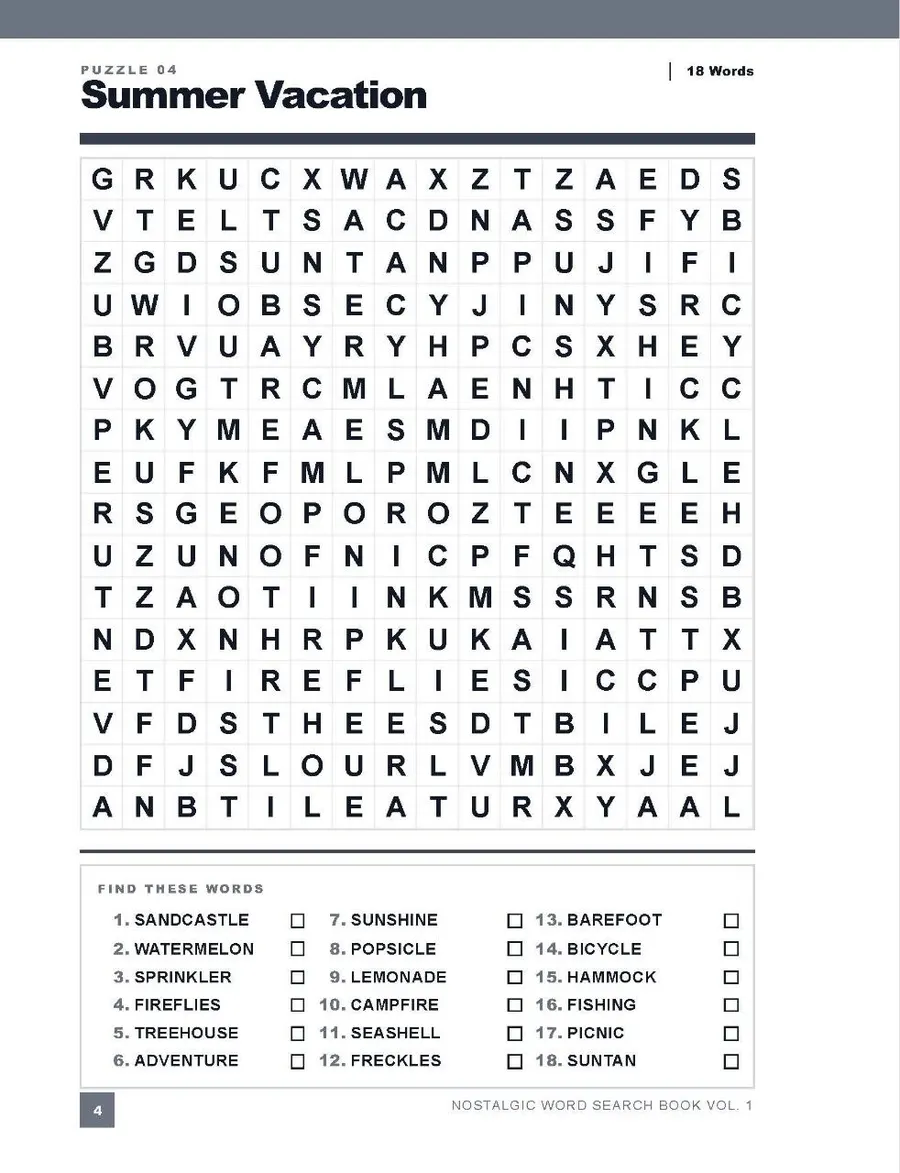 Look inside the Nostalgic Word Search - Summer Vacation puzzle