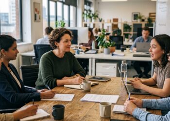 A team leader listening attentively during a small team meeting in a modern office