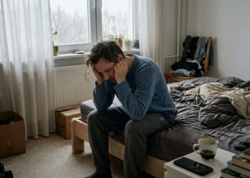 A man sitting on the edge of his bed with his head down on an overcast morning, going through a hard time