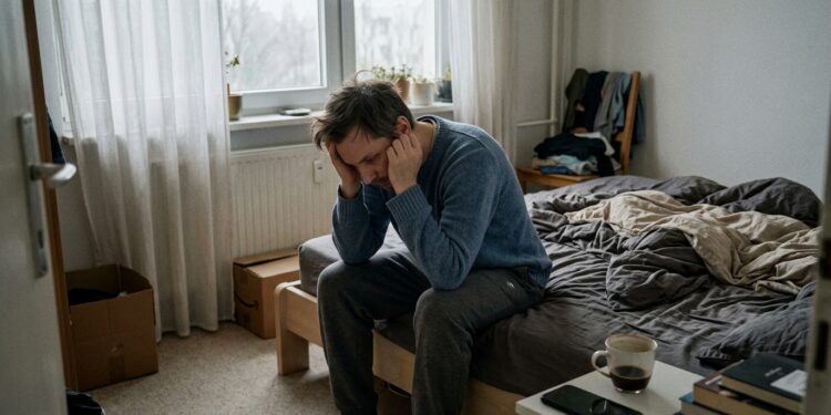 A man sitting on the edge of his bed with his head down on an overcast morning, going through a hard time