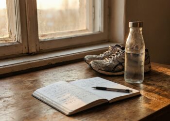 Early morning routine with running shoes, water bottle and an open notebook on a table by a sunlit window