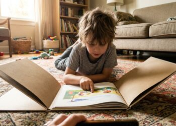 Kid lying on rug reading a big picture book at home