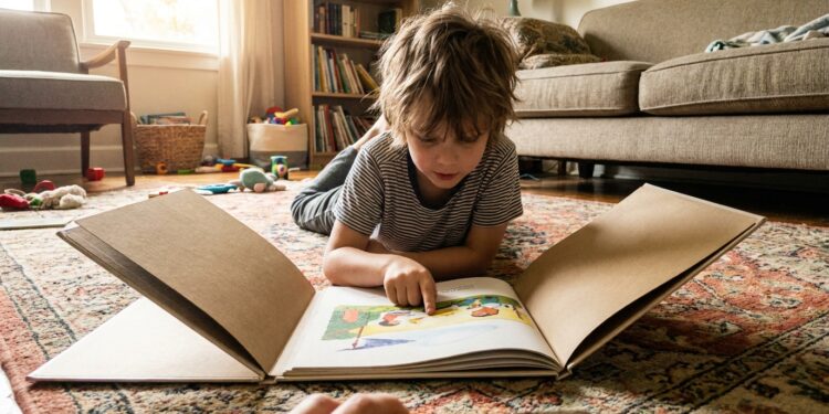 Kid lying on rug reading a big picture book at home