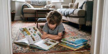Young boy lying on a living room rug reading a large full-color illustrated question and answer book with a stack of colorful kids books beside him