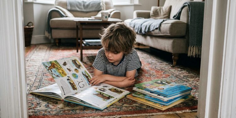 Young boy lying on a living room rug reading a large full-color illustrated question and answer book with a stack of colorful kids books beside him