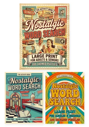 Nostalgic Word Search Collection 3-book bundle — Volume 1 on top, Volumes 2 and 3 below, white background