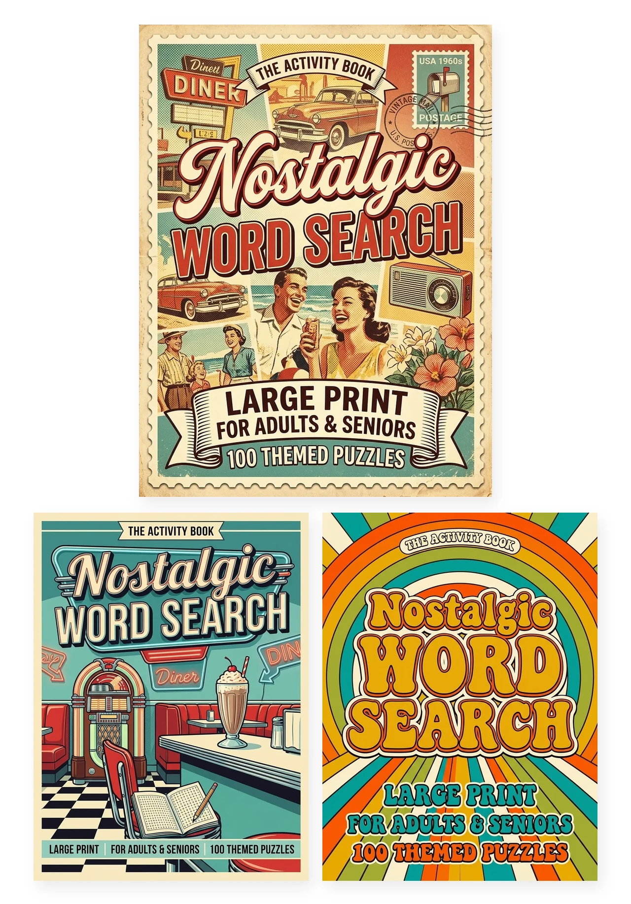 Nostalgic Word Search Collection 3-book bundle — Volume 1 on top, Volumes 2 and 3 below, white background