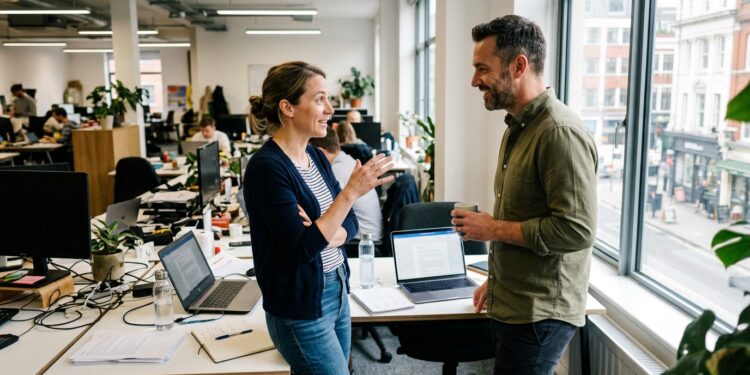 Two colleagues having a candid one-on-one conversation at a desk in a bright office