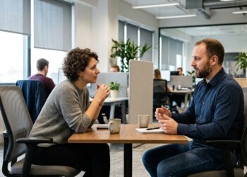 Two coworkers having a calm one-on-one conversation resolving a disagreement in an office