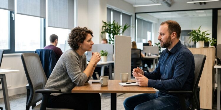 Two coworkers having a calm one-on-one conversation resolving a disagreement in an office