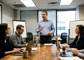 A manager standing and speaking to colleagues around a meeting-room table