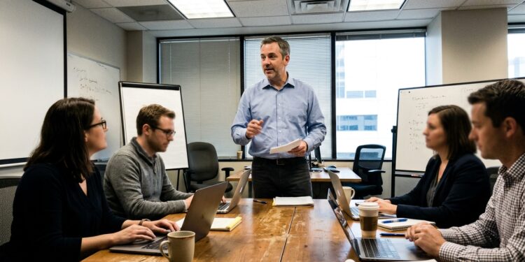 A manager standing and speaking to colleagues around a meeting-room table