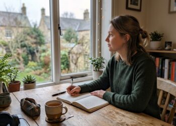 A person journaling quietly at a wooden desk by a window in morning light