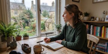 A person journaling quietly at a wooden desk by a window in morning light