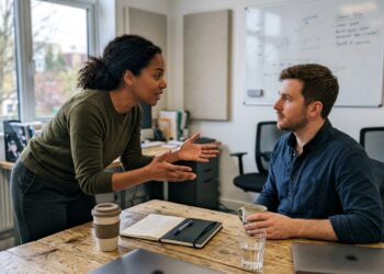 Two colleagues in a candid office conversation, one explaining an idea across a desk