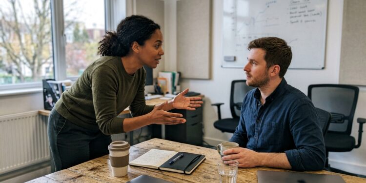 Two colleagues in a candid office conversation, one explaining an idea across a desk